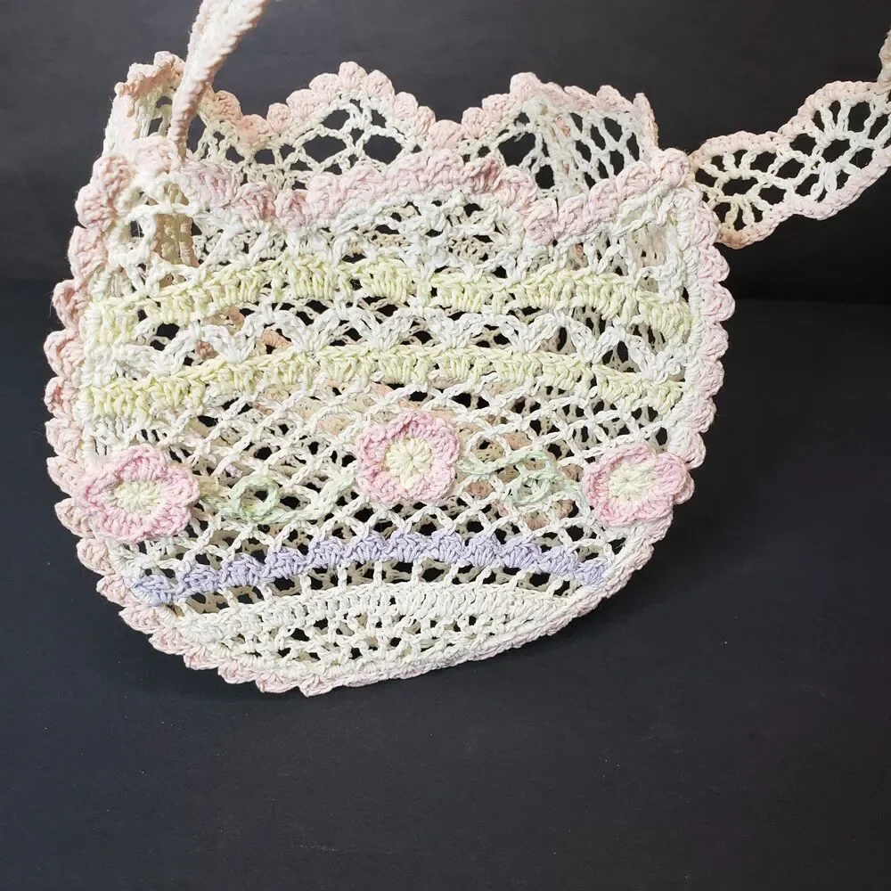 Vintage Crochet Pastel Delicate Lace Easter Starched Basket NEED Repairing